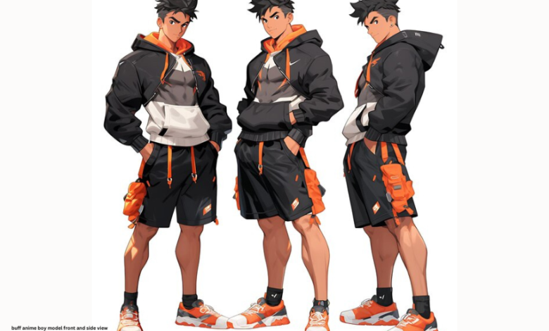 buff anime boy model front and side view