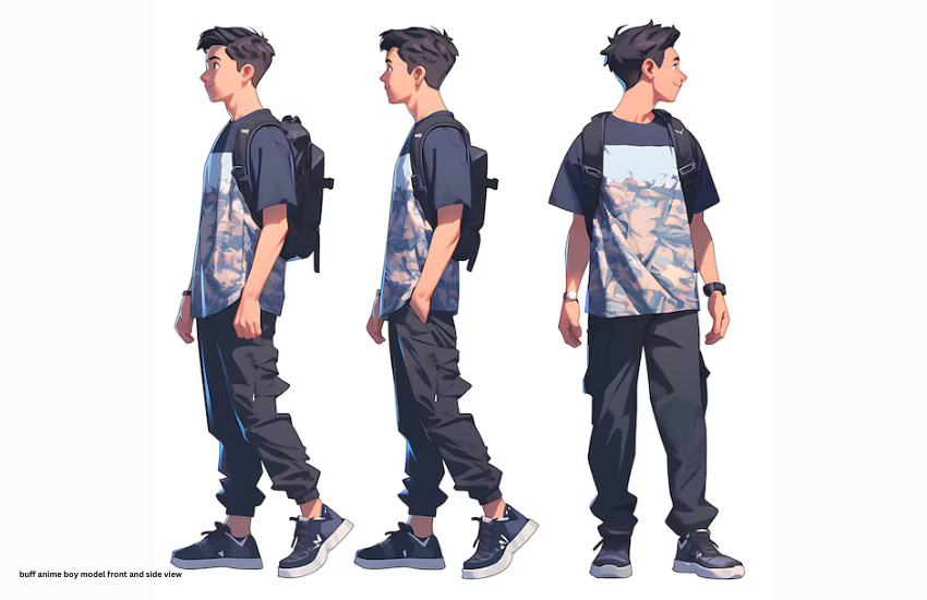 buff anime boy model front and side view
